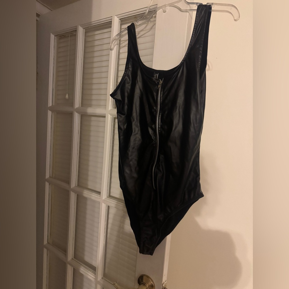 Black Zip-Front Faux Leather Bodysuit